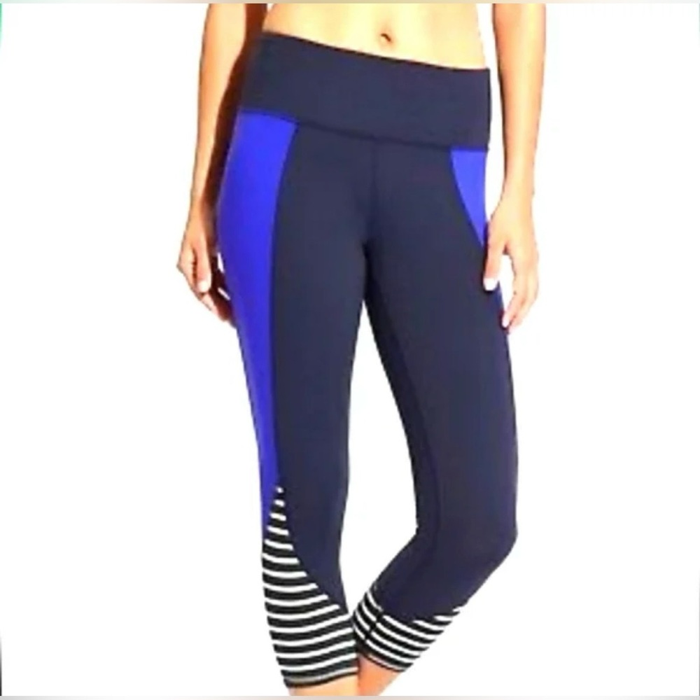 Athleta Blue and Black Striped yoga cropped leggings size L